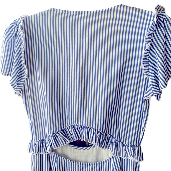 True Destiny Dress Blue Pinstripe Maxi Cutout Midriff Deep V-Neck New Small - Picture 4 of 9